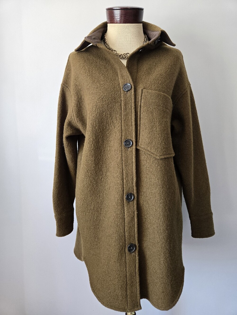 Smash & Tess 100% Merino Wool 'Emilia' Olive Green Shacket. Relaxed Fit. Size S